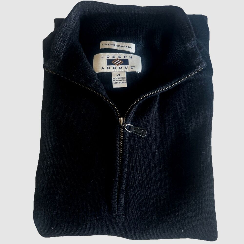 JOSEPH ABBOUD 100% Extra Fine Merino Wool Mens XL Black 1/4 Zip Knit Sweater